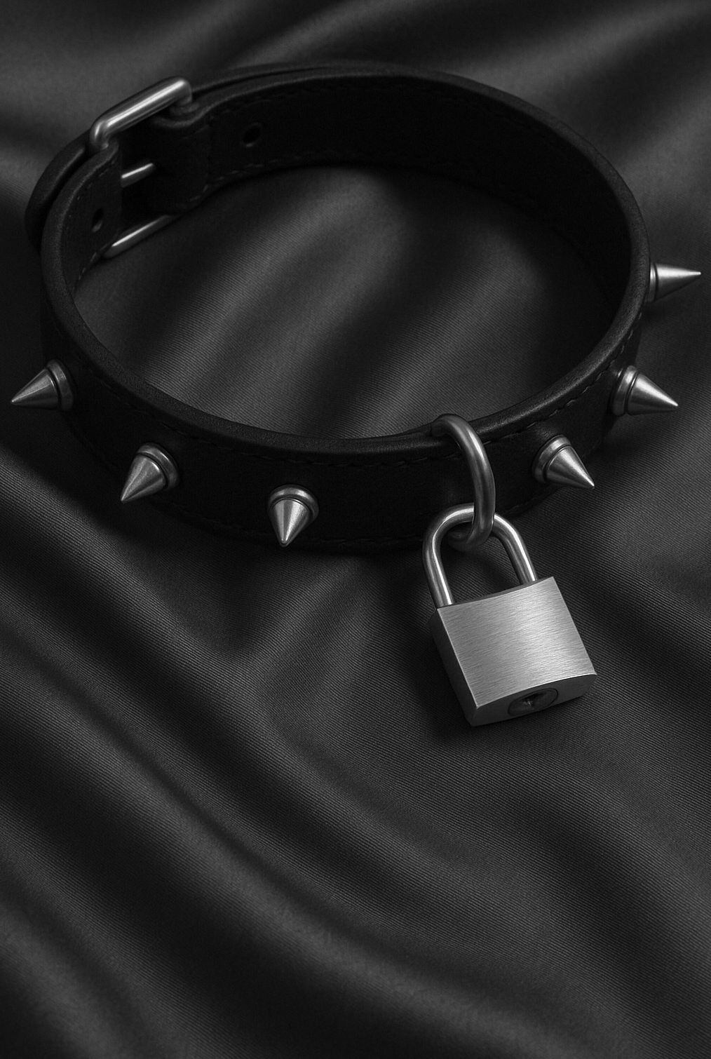 A spiked leather collar with a lock